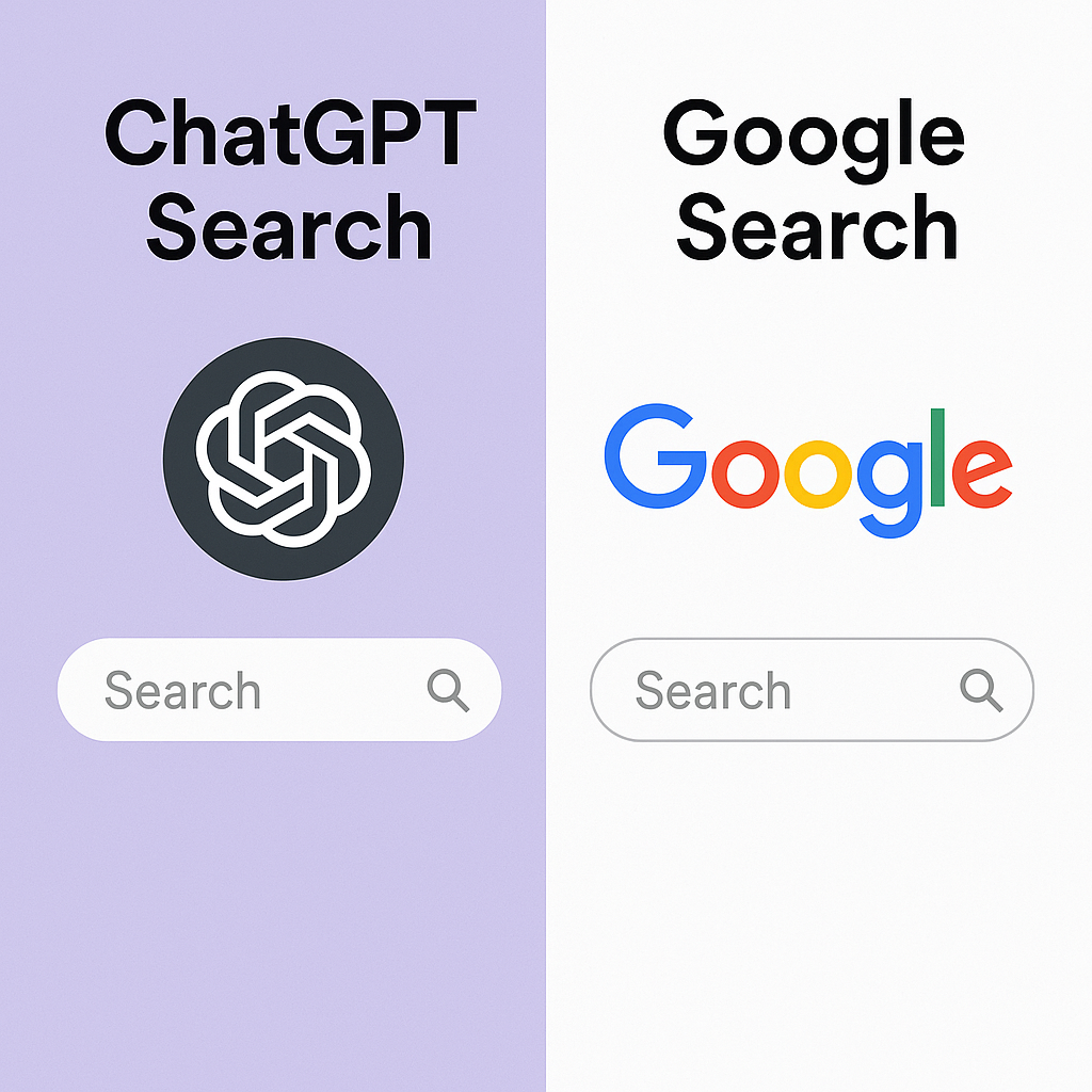 Side-by-side comparison chart of ChatGPT Search vs Google Search features and capabilities