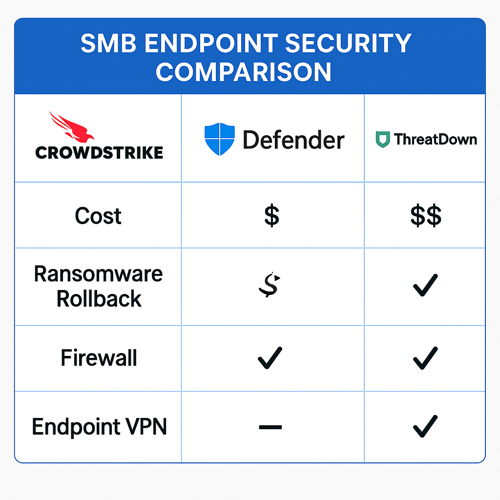 SMB Endpoint Security Comparison: CrowdStrike, Defender, ThreatDown
